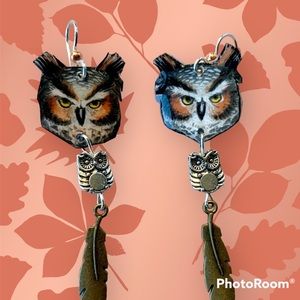 Handpainted mini great horned owls with feather sterling wires, bird jewelry
